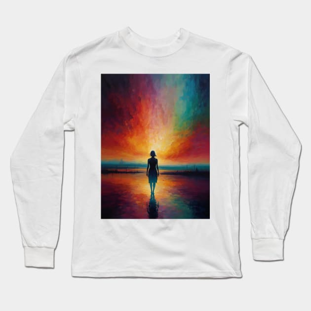 Woman Standing on Shoreline at Sunset With Radiant Sky Reflections in Water Long Sleeve T-Shirt by Anik Arts